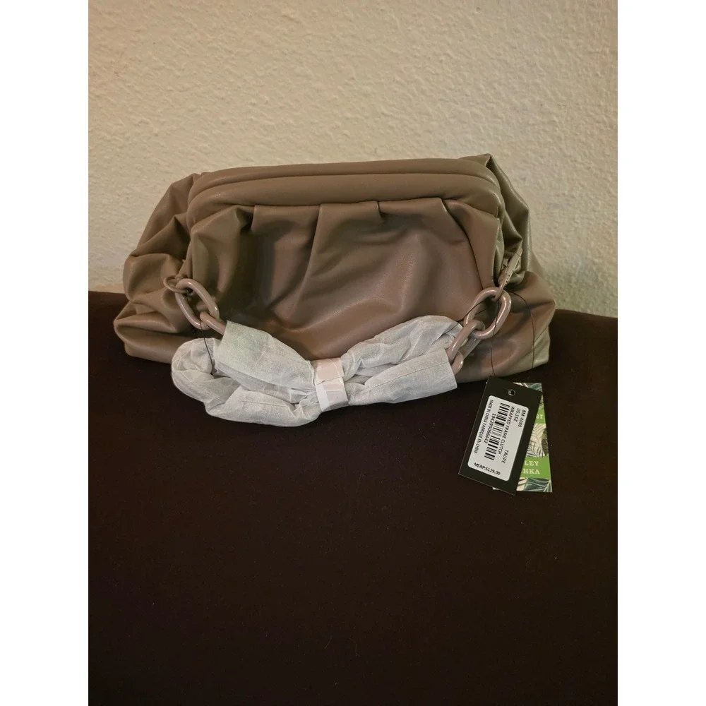 Badgley Mischka Taupe Vegan Leather Pleated Frame Clutch Bag BM-4080